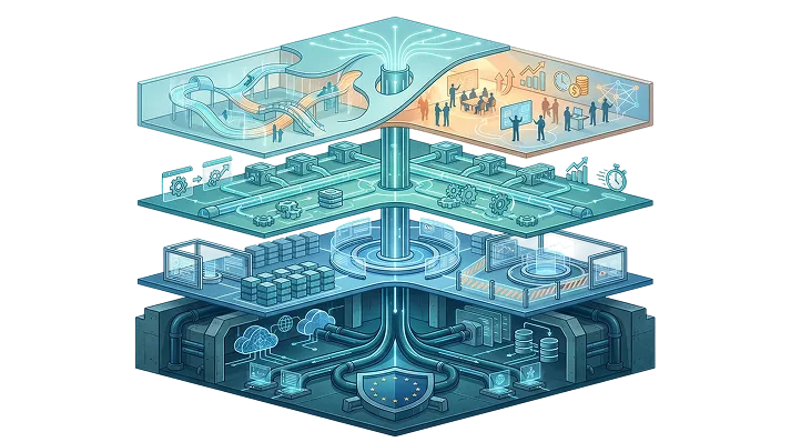 Vijf lagen van het Adapt AI-stack model, van sovereign hosting tot people & transformation